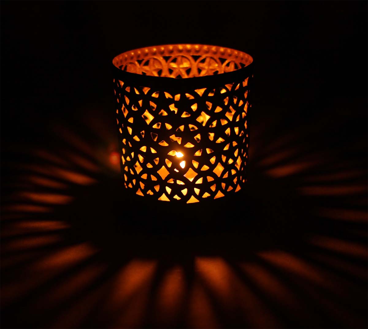Round-Shaped Tea-Light Candle Holder - Handmade in Iron - Black Exteriors & Copper Finish Interiors - Star Shaped Motifs - Metal Votive Candle Stands - Table-Top Decorations - Buy in Bulk Wholesale
